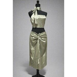 Sage Green Satin 2pc Set Halter Crop Top Ruched Midi Skirt